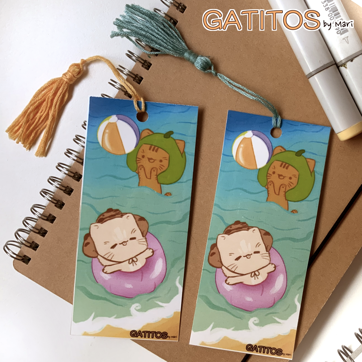 Marcapáginas con borla - Verano - Galletita y Kenepa - Gatitos by Mari - Brillo Una Cara